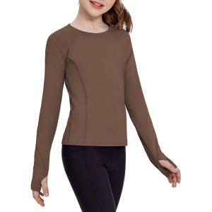 Zaclotre Girls Long Sleeve Shirts with Thumb Holes Quick Dry Workout Athletic Tops for Kids Sport Performance Clothes(Brown)