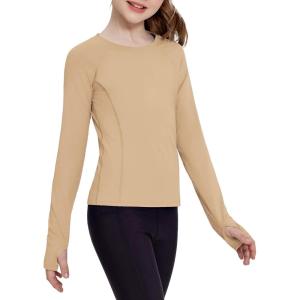 Zaclotre Girls Long Sleeve Shirts with Thumb Holes Quick Dry Workout Athletic Tops for Kids Sport Performance Clothes(Cream)