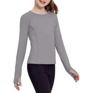 Zaclotre Girls Long Sleeve Shirts with Thumb Holes Quick Dry Workout Athletic Tops for Kids Sport Performance Clothes(Light Grey)