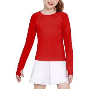Zaclotre Girls Long Sleeve Shirts with Thumb Holes Quick Dry Workout Athletic Tops for Kids Sport Performance Clothes(Red)
