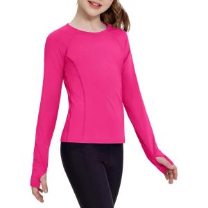 Zaclotre Girls Long Sleeve Shirts with Thumb Holes Quick Dry Workout Athletic Tops for Kids Sport Performance Clothes(Rose Red)