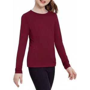 Zaclotre Girls Long Sleeve Shirts with Zipper Pockets Quick Dry Athletic Workout Tops for Kids Sport Performance Clothes(Deep Burgundy)