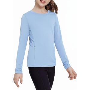 Zaclotre Girls Long Sleeve Shirts with Zipper Pockets Quick Dry Athletic Workout Tops for Kids Sport Performance Clothes(Light Blue)