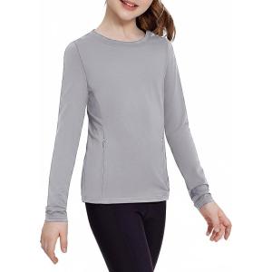 Zaclotre Girls Long Sleeve Shirts with Zipper Pockets Quick Dry Athletic Workout Tops for Kids Sport Performance Clothes(Light Grey)