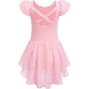 Zaclotre Girls Ruffle Sleeve Ballet Leotard with Skirt Criss-Cross Back Dance Dresses Outfit(Ballet Pink)