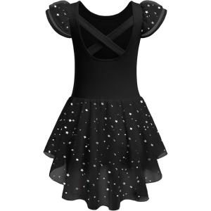 Zaclotre Girls Ruffle Sleeve Ballet Leotard with Skirt Criss-Cross Back Dance Dresses Outfit(Black)