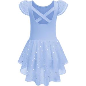 Zaclotre Girls Ruffle Sleeve Ballet Leotard with Skirt Criss-Cross Back Dance Dresses Outfit(Blue)
