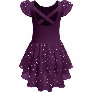Zaclotre Girls Ruffle Sleeve Ballet Leotard with Skirt Criss-Cross Back Dance Dresses Outfit(Dark Purple)