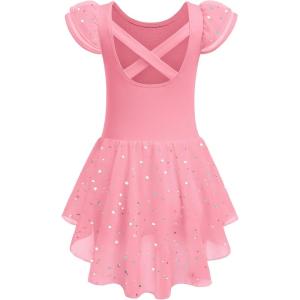 Zaclotre Girls Ruffle Sleeve Ballet Leotard with Skirt Criss-Cross Back Dance Dresses Outfit(Hot Pink)