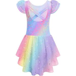 Zaclotre Girls Ruffle Sleeve Ballet Leotard with Skirt Criss-Cross Back Dance Dresses Outfit(Rainbow Leopard)