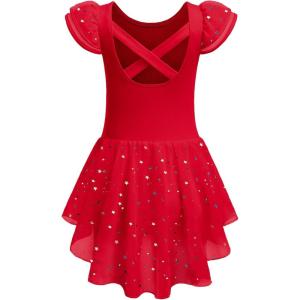 Zaclotre Girls Ruffle Sleeve Ballet Leotard with Skirt Criss-Cross Back Dance Dresses Outfit(Red)