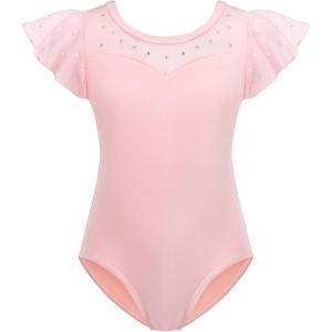 Zaclotre Girls Ruffle Sleeve Ballet Leotards Toddler Mesh Dance Leotard Sparkly Gymnastics Outfits(Ballet Pink)