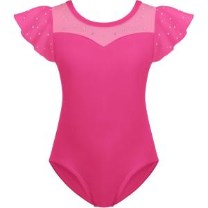 Zaclotre Girls Ruffle Sleeve Ballet Leotards Toddler Mesh Dance Leotard Sparkly Gymnastics Outfits(Hot Pink)
