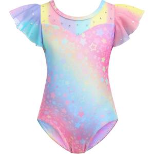 Zaclotre Girls Ruffle Sleeve Ballet Leotards Toddler Mesh Dance Leotard Sparkly Gymnastics Outfits(Rainbow Star)