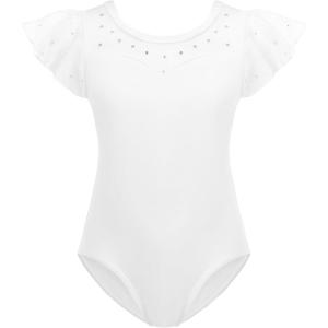 Zaclotre Girls Ruffle Sleeve Ballet Leotards Toddler Mesh Dance Leotard Sparkly Gymnastics Outfits(White)
