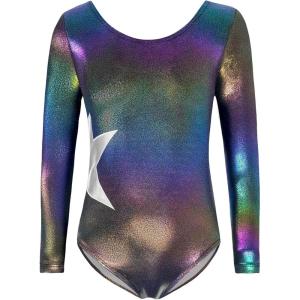 Zaclotre Girls Sparkling Stars Gymnastics Long Sleeve Leotards for Patriotic USA Kids(Black Gradient)