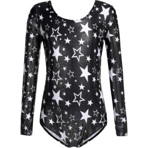 Zaclotre Girls Sparkling Stars Gymnastics Long Sleeve Leotards for Patriotic USA Kids(Black/Star Print)