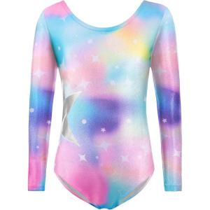 Zaclotre Girls Sparkling Stars Gymnastics Long Sleeve Leotards for Patriotic USA Kids(Rainbow Star)