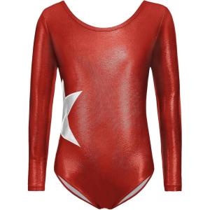 Zaclotre Girls Sparkling Stars Gymnastics Long Sleeve Leotards for Patriotic USA Kids(Red)