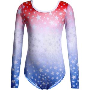 Zaclotre Girls Sparkling Stars Gymnastics Long Sleeve Leotards for Patriotic USA Kids(Red and Blue/Patriotic Star Print)