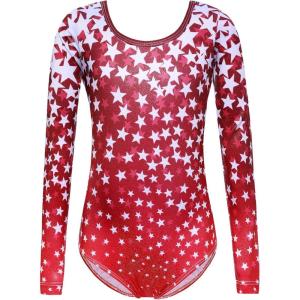 Zaclotre Girls Sparkling Stars Gymnastics Long Sleeve Leotards for Patriotic USA Kids(Red/Star Print)