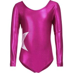 Zaclotre Girls Sparkling Stars Gymnastics Long Sleeve Leotards for Patriotic USA Kids(Rose Red)