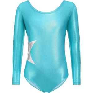 Zaclotre Girls Sparkling Stars Gymnastics Long Sleeve Leotards for Patriotic USA Kids(Teal)