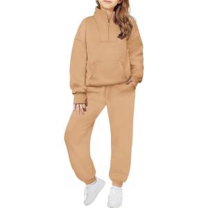 Zaclotre Girls Sweatsuit 2 Piece Outfits Fall Winter Fleece Half Zip Thumb Hole Sweatshirts and Sweatpants Joggers Set(Khaki)