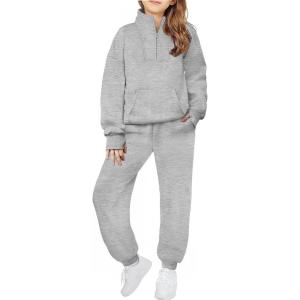 Zaclotre Girls Sweatsuit 2 Piece Outfits Fall Winter Fleece Half Zip Thumb Hole Sweatshirts and Sweatpants Joggers Set(Light Gray)