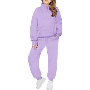 Zaclotre Girls Sweatsuit 2 Piece Outfits Fall Winter Fleece Half Zip Thumb Hole Sweatshirts and Sweatpants Joggers Set(Lilac)