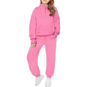 Zaclotre Girls Sweatsuit 2 Piece Outfits Fall Winter Fleece Half Zip Thumb Hole Sweatshirts and Sweatpants Joggers Set(Rose Red)