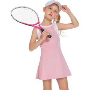 Zaclotre Girls Tennis Dress Cute Golf Outfit Sleeveless Workout Athletic Dresses with Shorts Pockets(#1-pink)