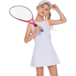 Zaclotre Girls Tennis Dress Cute Golf Outfit Sleeveless Workout Athletic Dresses with Shorts Pockets(#1-white)
