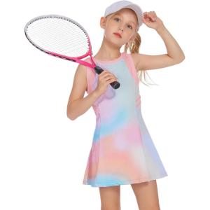 Zaclotre Girls Tennis Dress Cute Golf Outfit Sleeveless Workout Athletic Dresses with Shorts Pockets(Pink Blue Tie Ye)