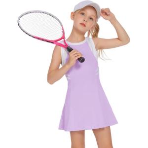 Zaclotre Girls Tennis Dress Cute Golf Outfit Sleeveless Workout Athletic Dresses with Shorts Pockets(Purple)