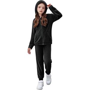 Zaclotre Girls Velour Tracksuits 2 Piece Outfits Zip Up Hoodie and Jogger Sweatpant Sweatsuits Athletic Clothing Sets(Black)