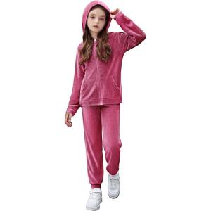 Zaclotre Girls Velour Tracksuits 2 Piece Outfits Zip Up Hoodie and Jogger Sweatpant Sweatsuits Athletic Clothing Sets(Rose Red)