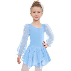 Zaclotre Gymnastics Ballet Leotards for Girls Mesh Puff Long Sleeve Leotard for Dance(Blue)