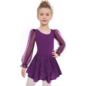 Zaclotre Gymnastics Ballet Leotards for Girls Mesh Puff Long Sleeve Leotard for Dance(Dark Purple)