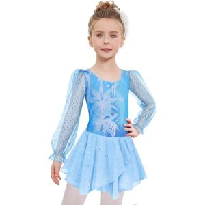 Zaclotre Gymnastics Ballet Leotards for Girls Mesh Puff Long Sleeve Leotard for Dance(Frozen Blue)