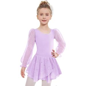 Zaclotre Gymnastics Ballet Leotards for Girls Mesh Puff Long Sleeve Leotard for Dance(Purple)