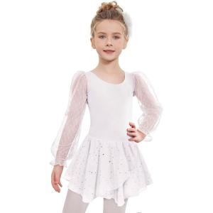 Zaclotre Gymnastics Ballet Leotards for Girls Mesh Puff Long Sleeve Leotard for Dance(White)