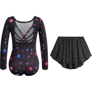 Zaclotre Gymnastics Leotards for Girls Long Sleeve Crisscross Back Ballet Dance Outfit with Removable Skirt Combo(Black Star)