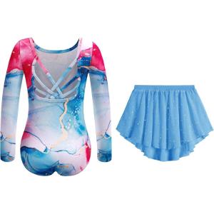 Zaclotre Gymnastics Leotards for Girls Long Sleeve Crisscross Back Ballet Dance Outfit with Removable Skirt Combo(Pink Marble)