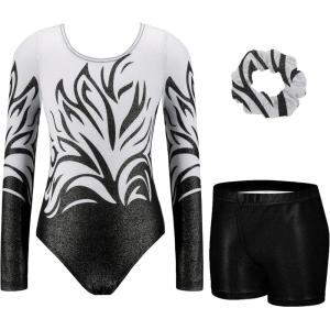 Zaclotre Gymnastics Leotards for Girls Long Sleeve Sparkly Dance Unitards Biketards with Tumbling Shorts(Black Flame)