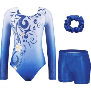 Zaclotre Gymnastics Leotards for Girls Long Sleeve Sparkly Dance Unitards Biketards with Tumbling Shorts(Blue Flower)