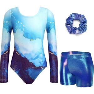 Zaclotre Gymnastics Leotards for Girls Long Sleeve Sparkly Dance Unitards Biketards with Tumbling Shorts(Blue Marble)