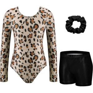 Zaclotre Gymnastics Leotards for Girls Long Sleeve Sparkly Dance Unitards Biketards with Tumbling Shorts(Brown Leopard)