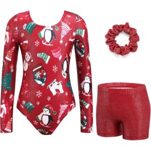 Zaclotre Gymnastics Leotards for Girls Long Sleeve Sparkly Dance Unitards Biketards with Tumbling Shorts(Christmas)