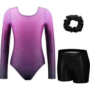 Zaclotre Gymnastics Leotards for Girls Long Sleeve Sparkly Dance Unitards Biketards with Tumbling Shorts(Gradient Purple)